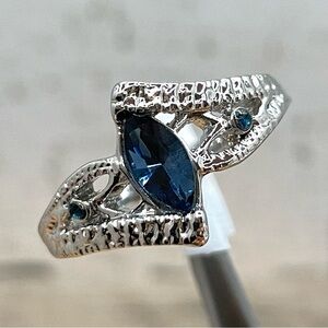 Cute Boho Marquise Cut Blue White Diamond CZ Silver Tone Ring